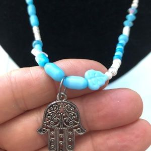Turquoise beaded necklace with Hamsa pendant